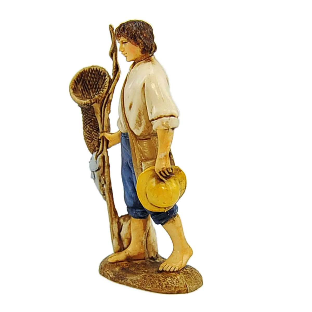 Statua cm.10 Pescatore con Retino e Canna |Moranduzzo