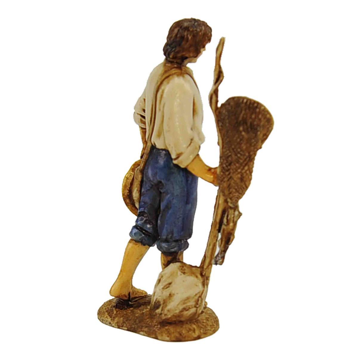 Statua cm.10 Pescatore con Retino e Canna |Moranduzzo