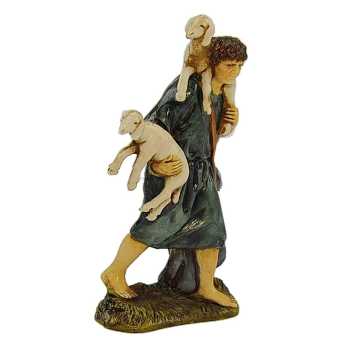 Statua presepe 10 cm buon pastore con due agnelli
