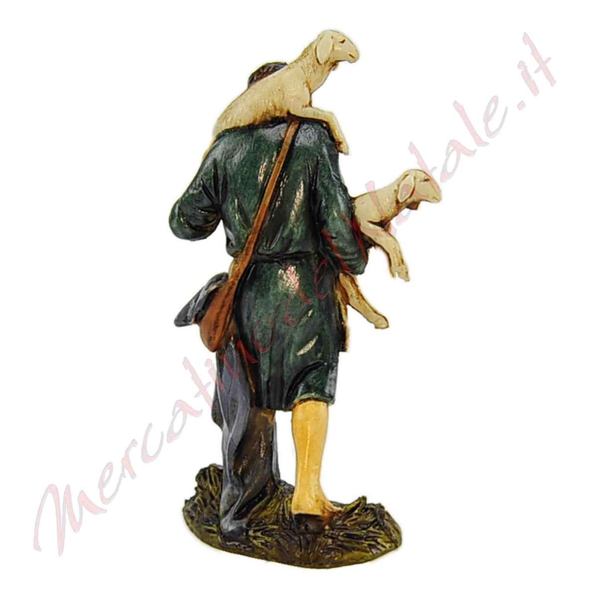 Statua presepe 10 cm buon pastore con due agnelli