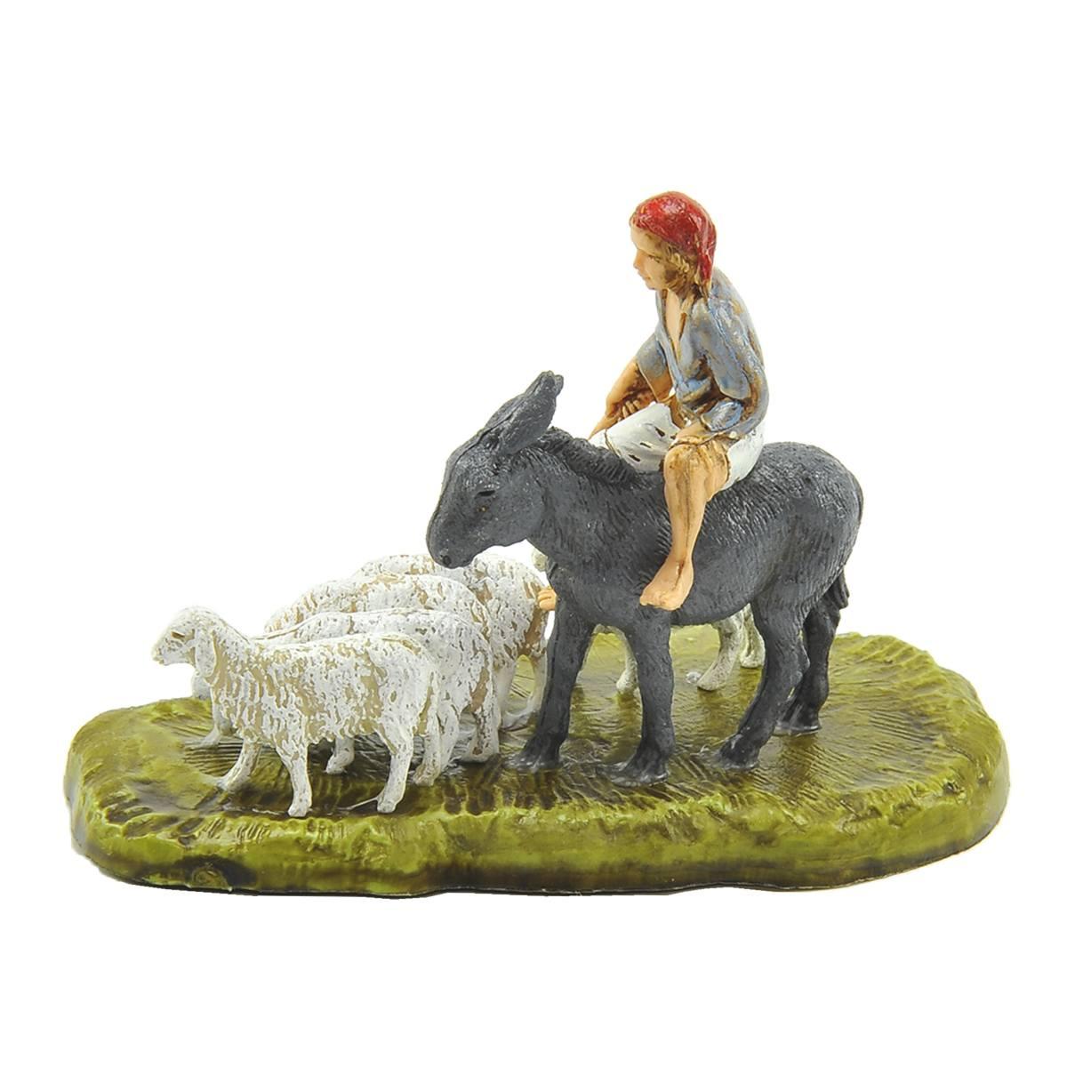 Statua presepe 6 cm pastore con asino e pecore