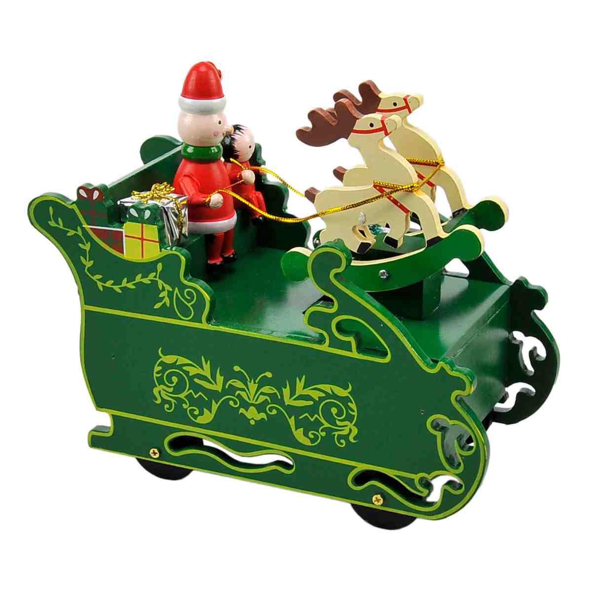 Carillon Babbo Natale con Slitta Verde Legno cm.19x9,5xh17