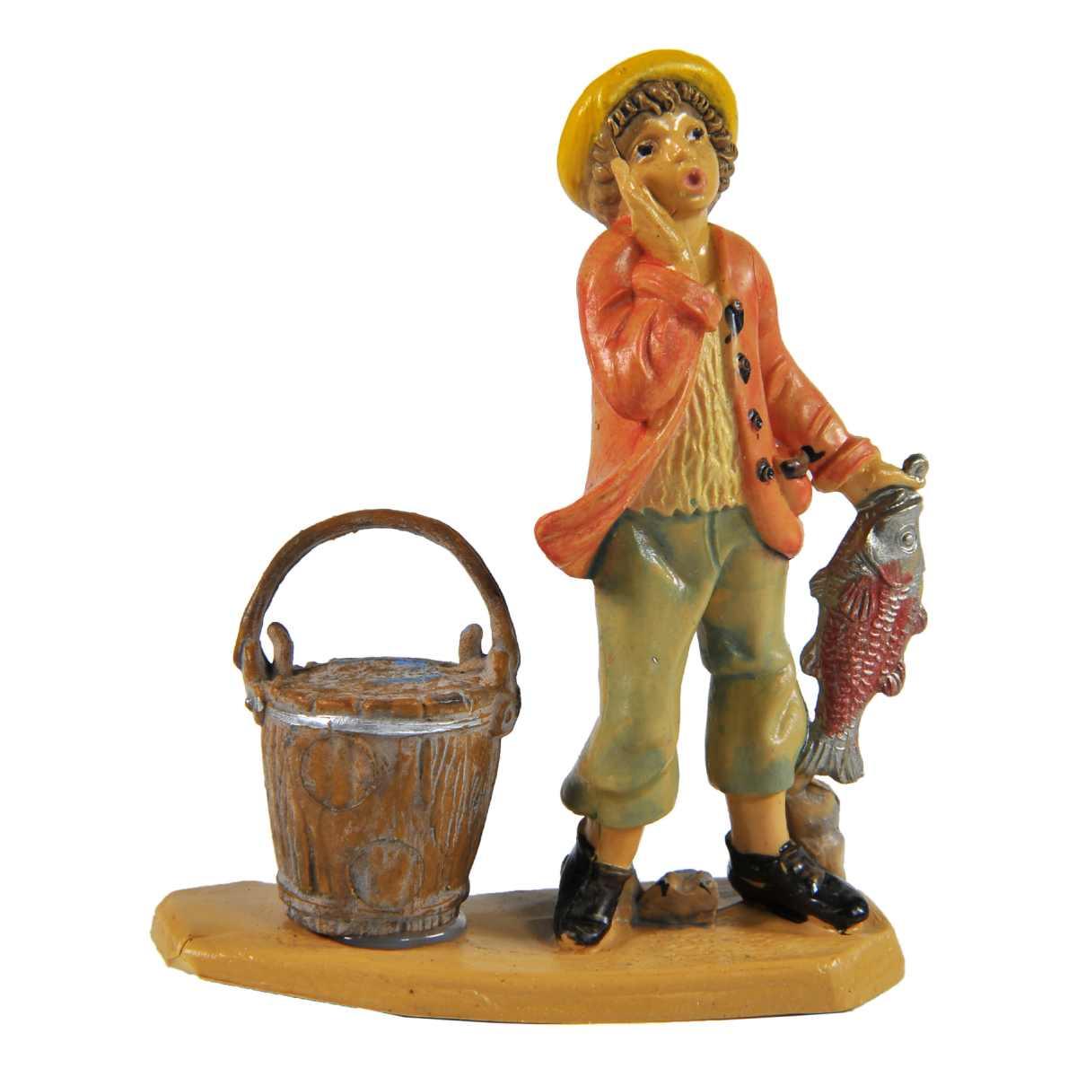 Statua cm.10 Pescivendolo con Secchio e Pesce | Rossi Rosa