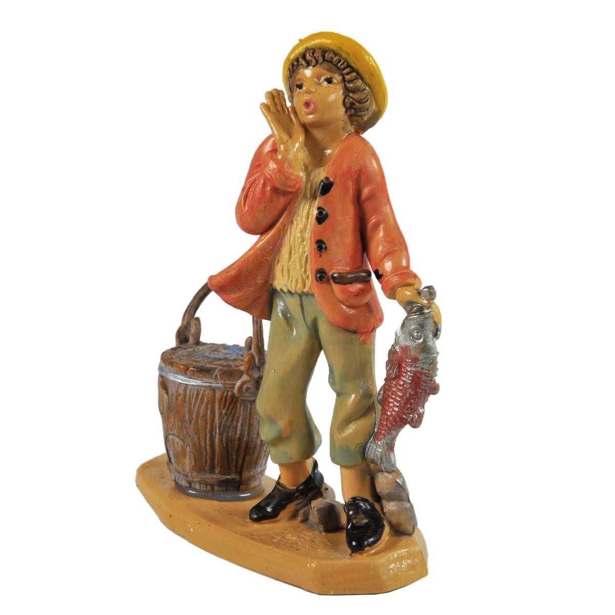 Statua cm.10 Pescivendolo con Secchio e Pesce | Rossi Rosa