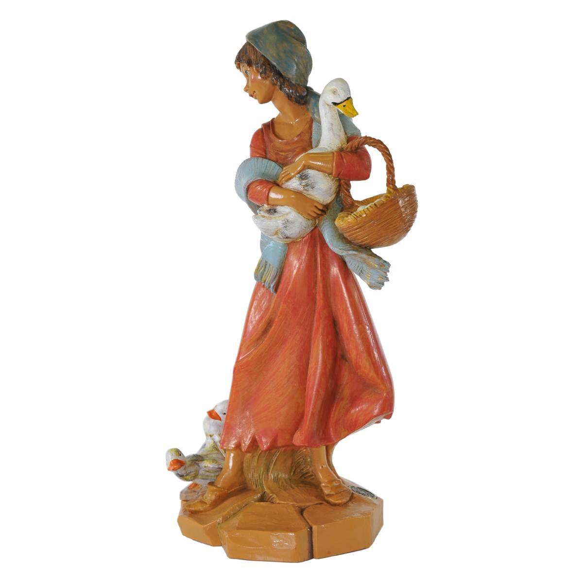 Statua presepe 30 cm pastorella con oche e cesto