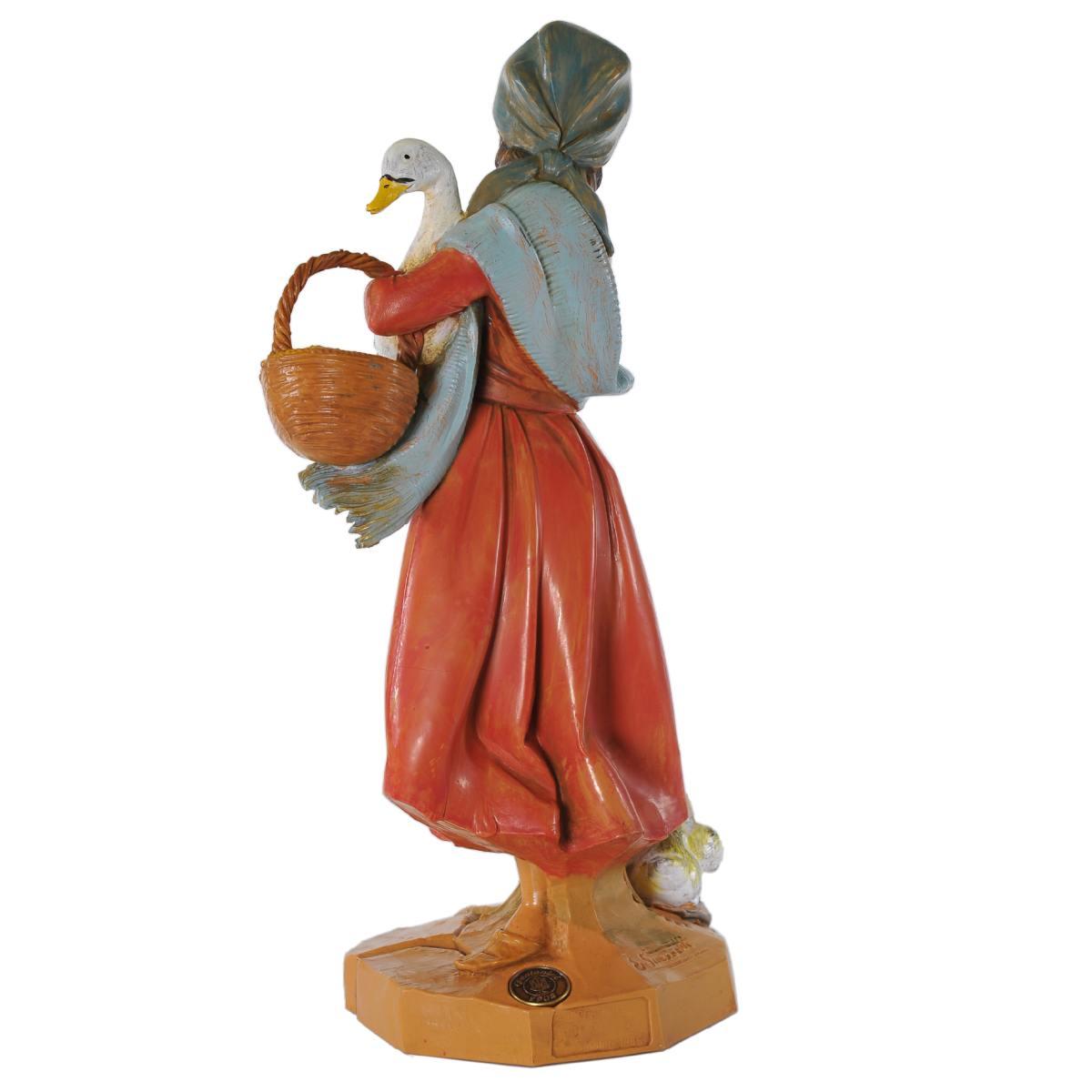 Statua presepe 30 cm pastorella con oche e cesto