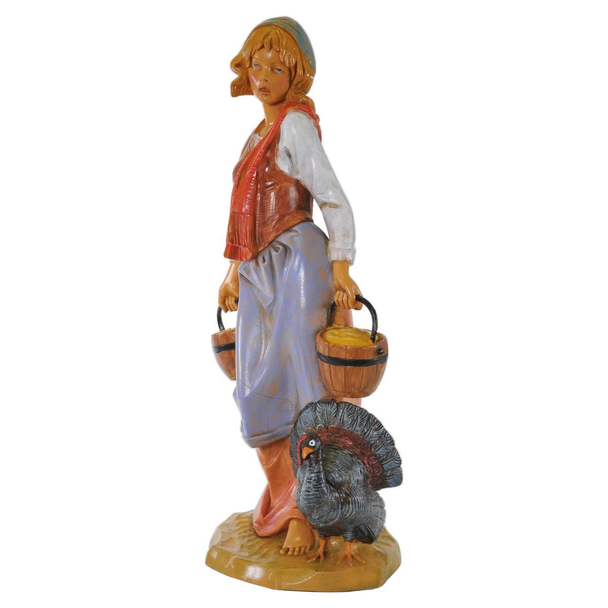 Statua presepe 30 cm pastorella con secchi e tacchino