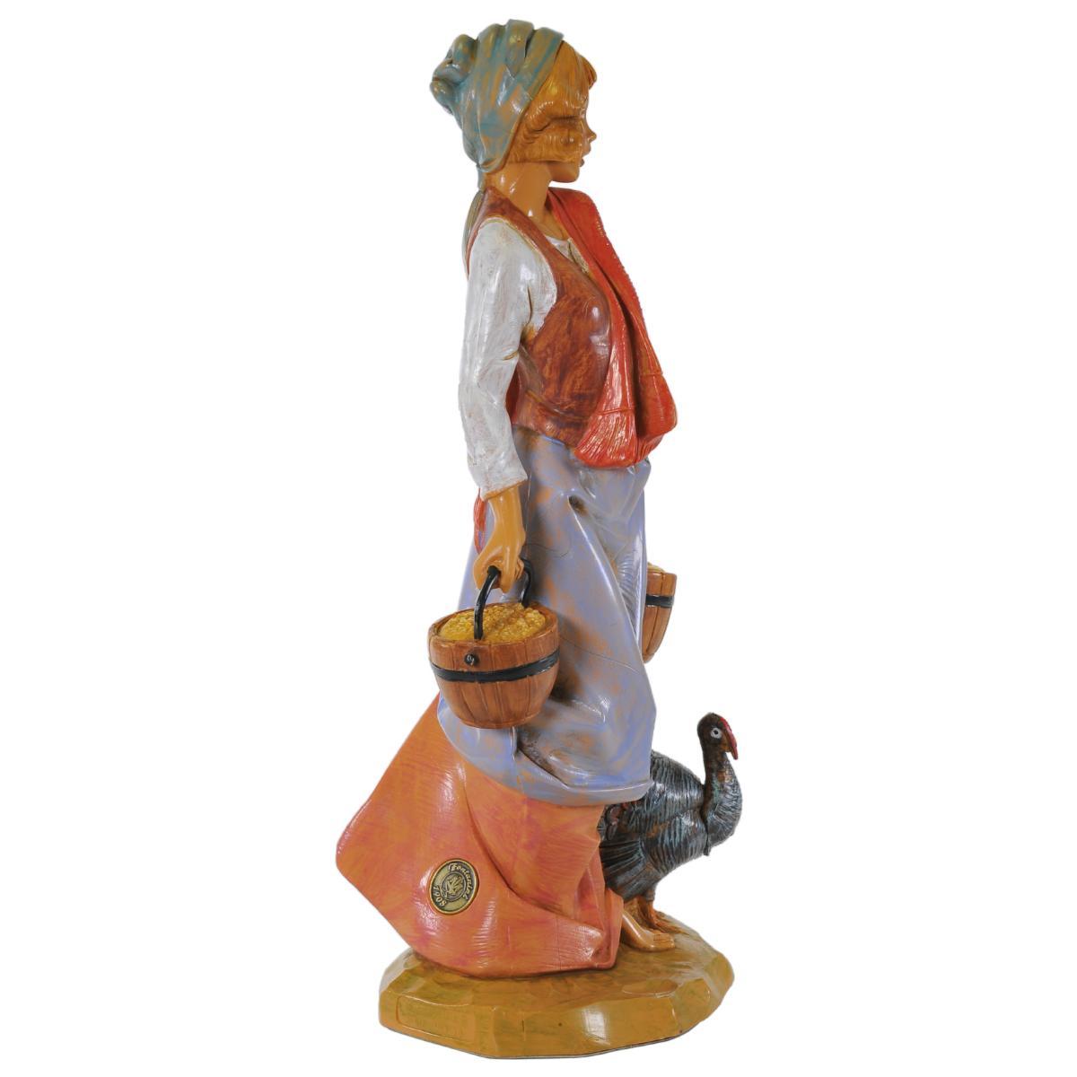 Statua presepe 30 cm pastorella con secchi e tacchino