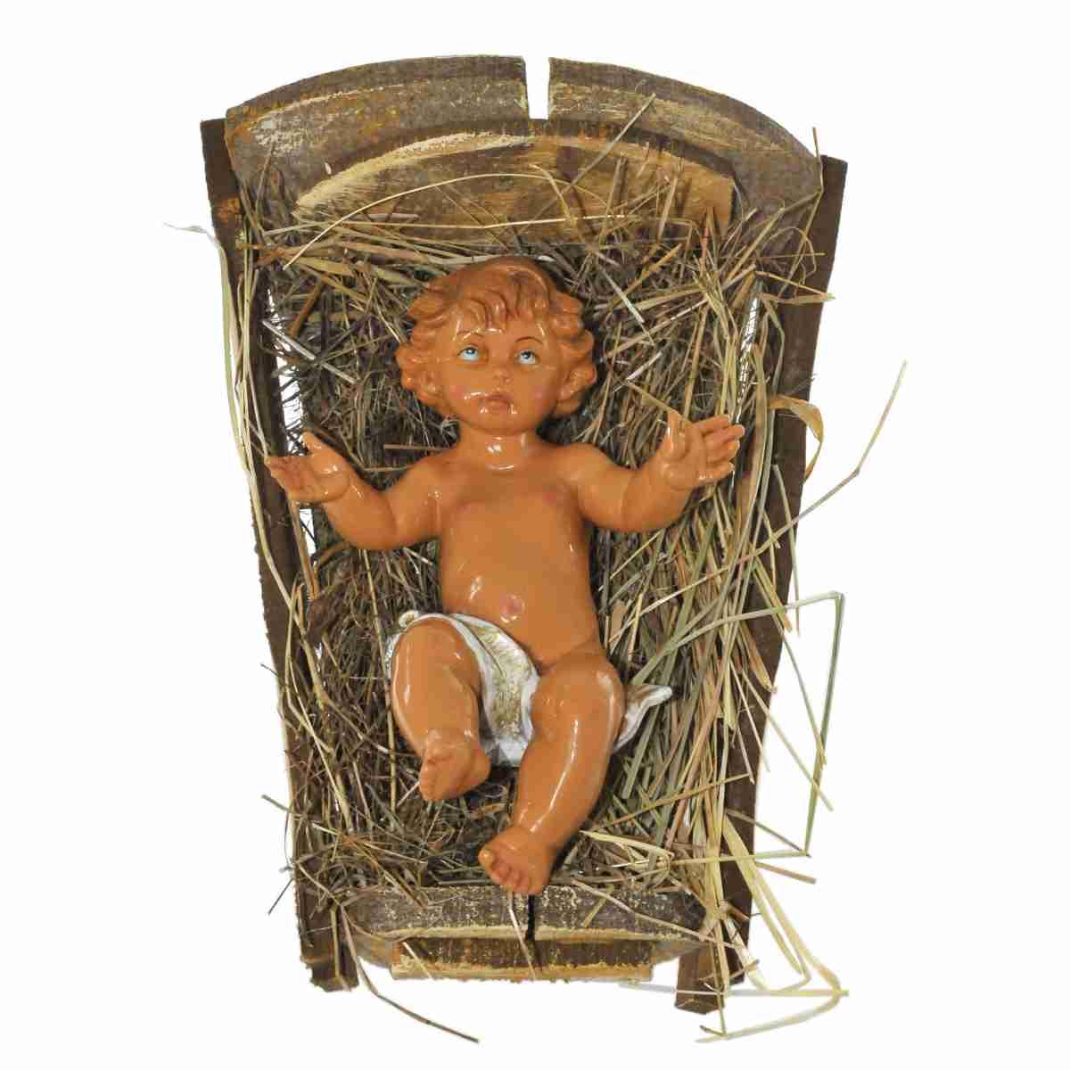 Statua presepe 45 cm gesù bambino con culla in legno