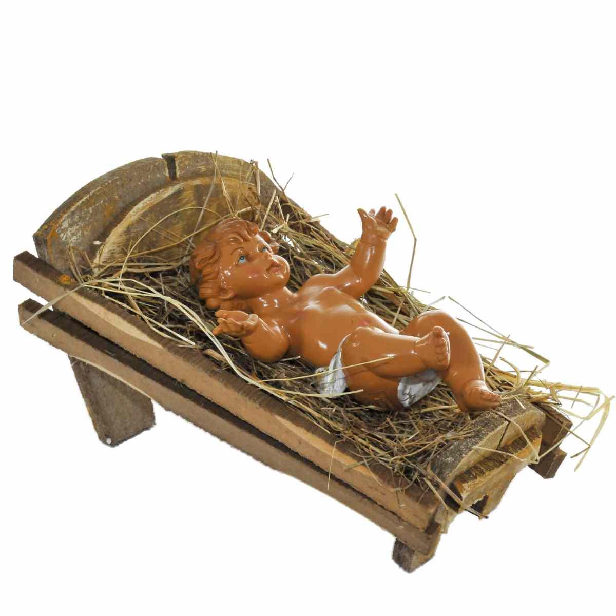 Statua presepe 45 cm gesù bambino con culla in legno