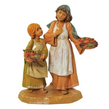 Statua Fontanini cm.12 Ava e Lea Sorelle Pastorelle con Ceste di Frutta Edizione Limitata