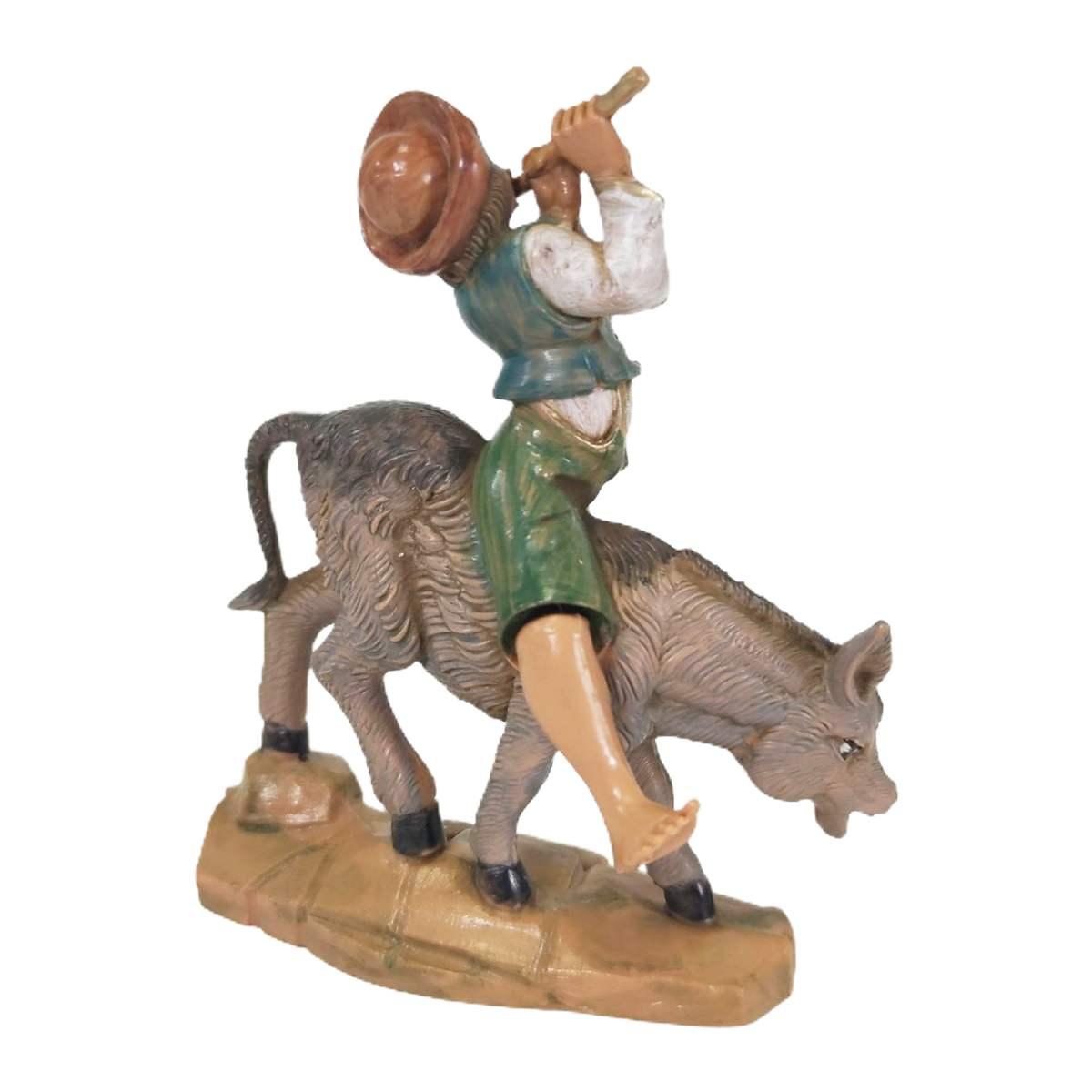 Statua presepe 12 cm pastorello suonatore su asino