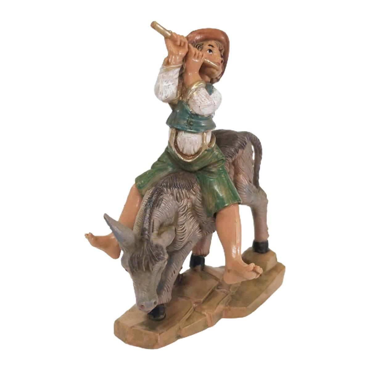 Statua presepe 12 cm pastorello suonatore su asino