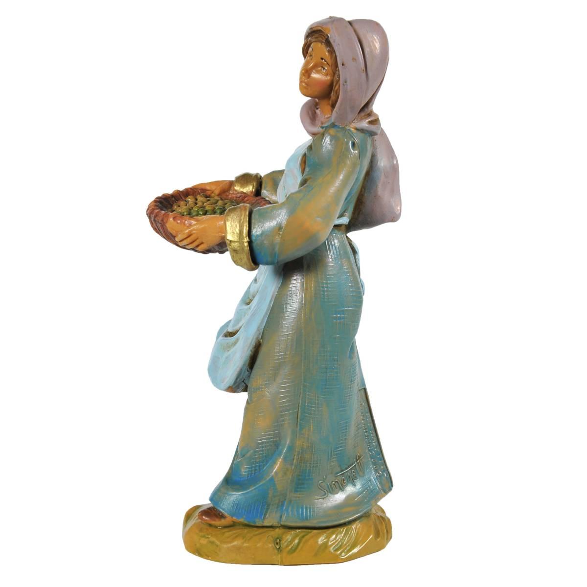 Statua presepe 12 cm pastorella con cesta di olive