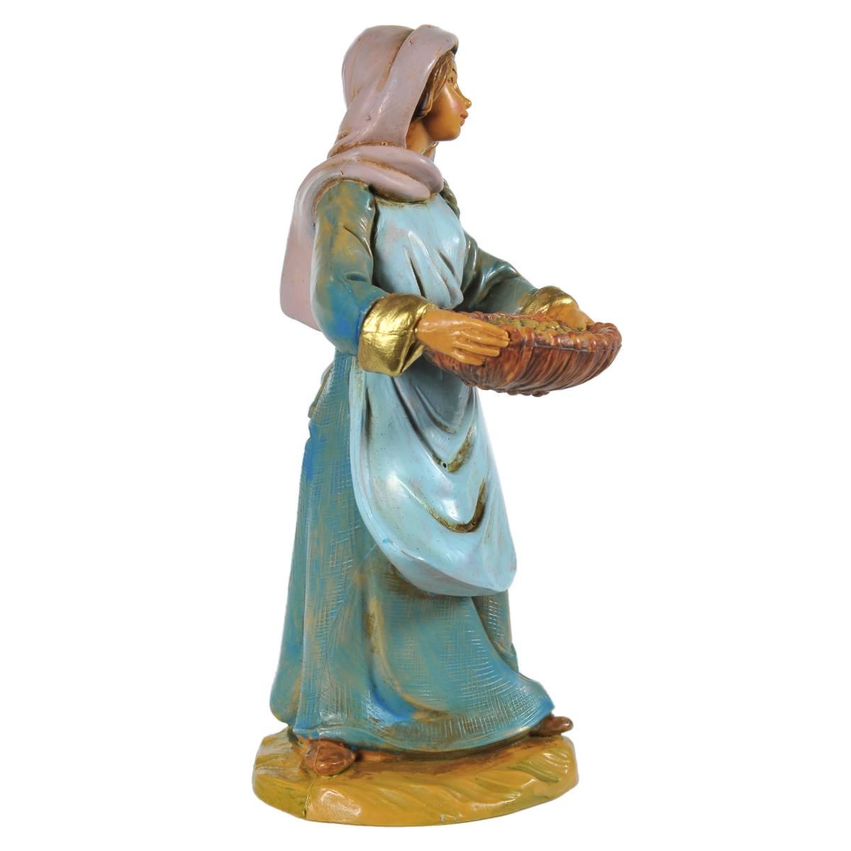 Statua presepe 12 cm pastorella con cesta di olive