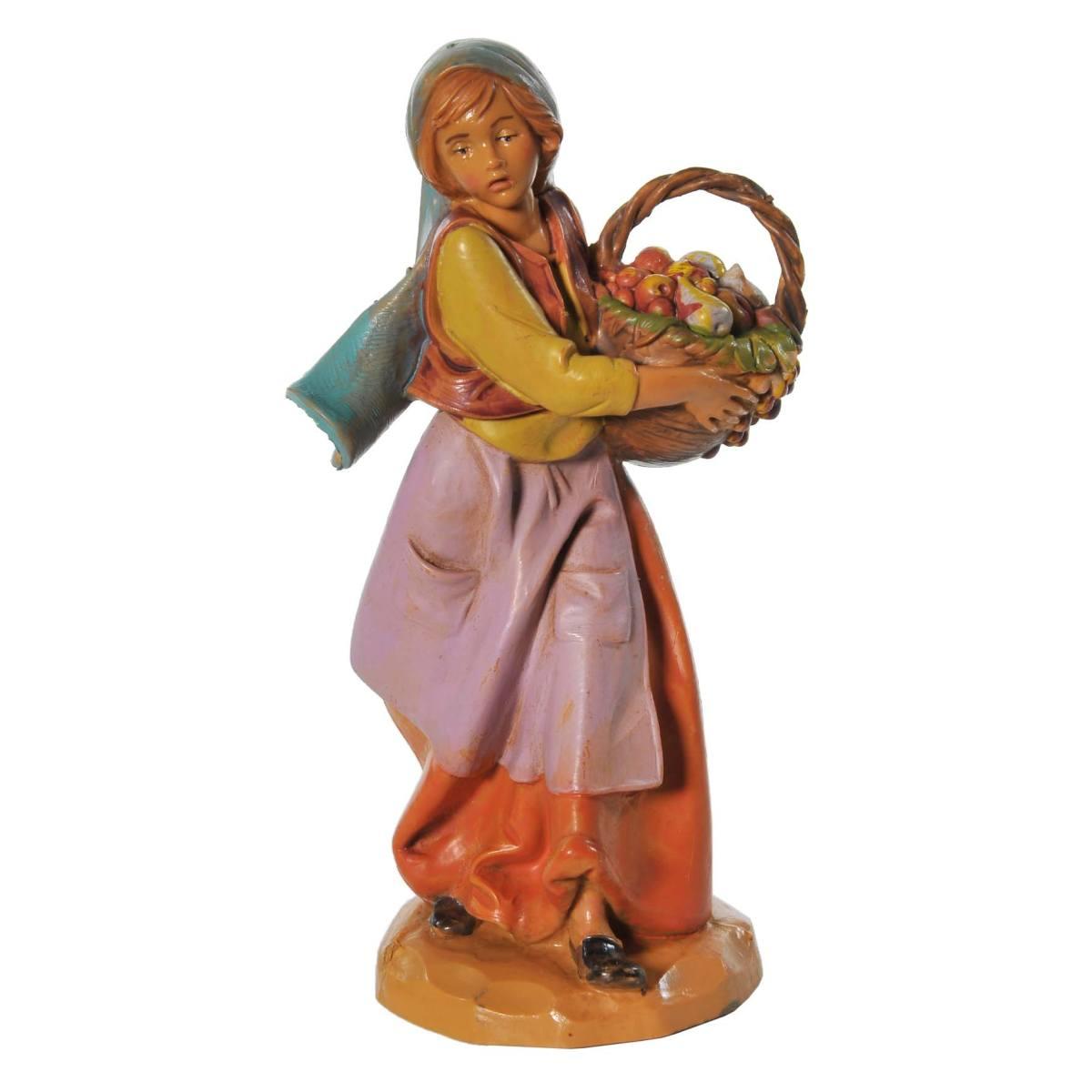 Statua presepe 12 cm pastorella con cesta di frutta