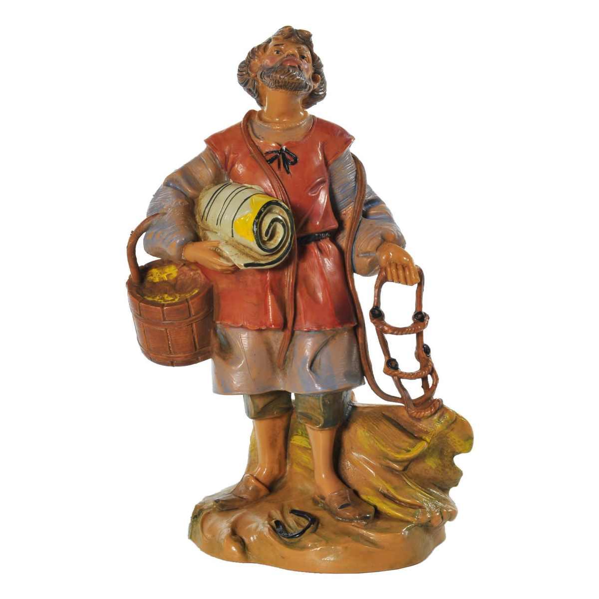 Statua presepe 12 cm pastore con briglie cesta e coperta