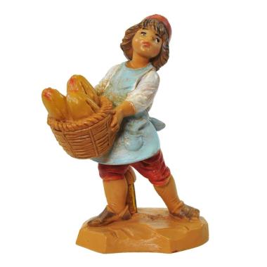 Statua presepe 12 cm pastorello con cesta di pane