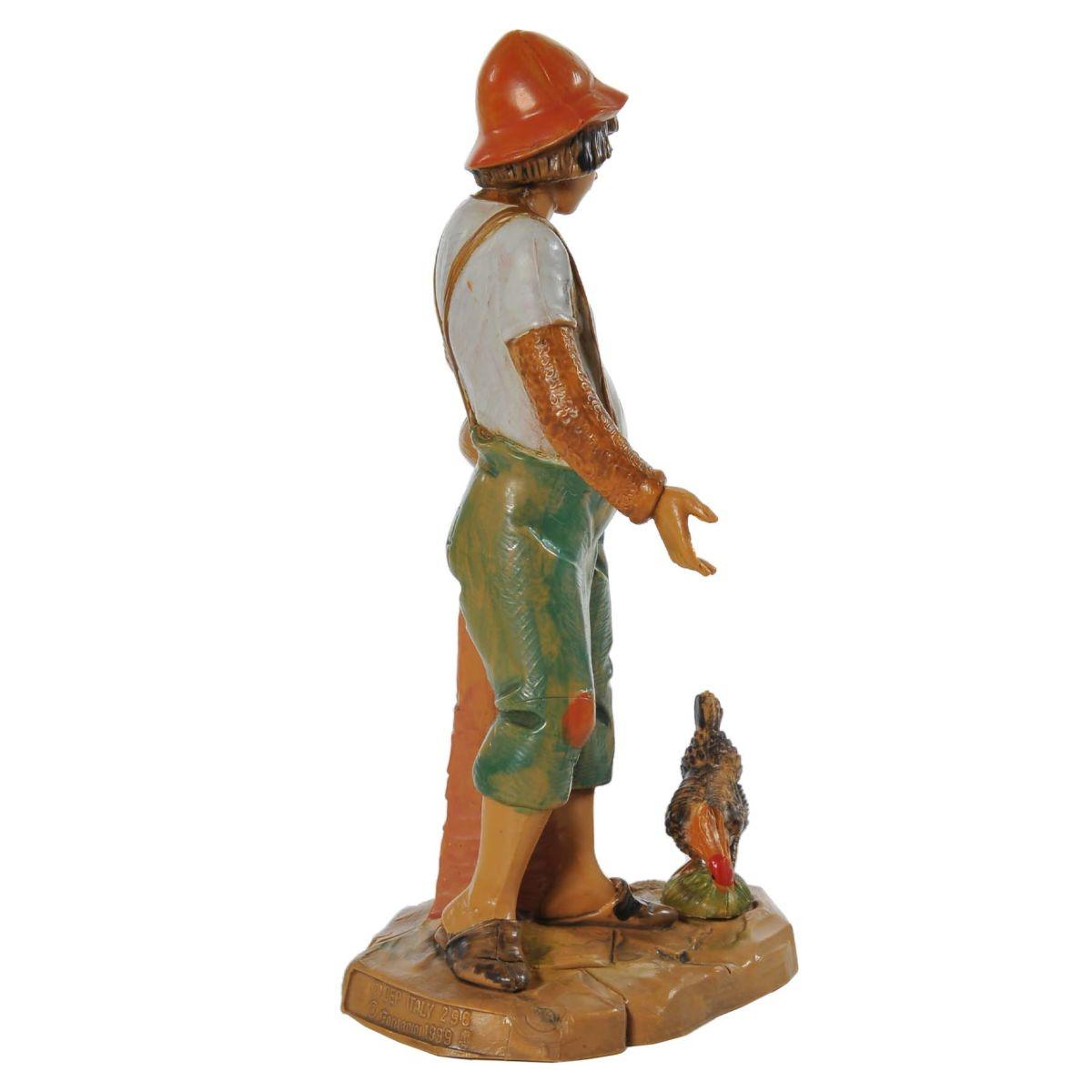 Statua presepe 12 cm pastore ragazzo con cesta e gallina