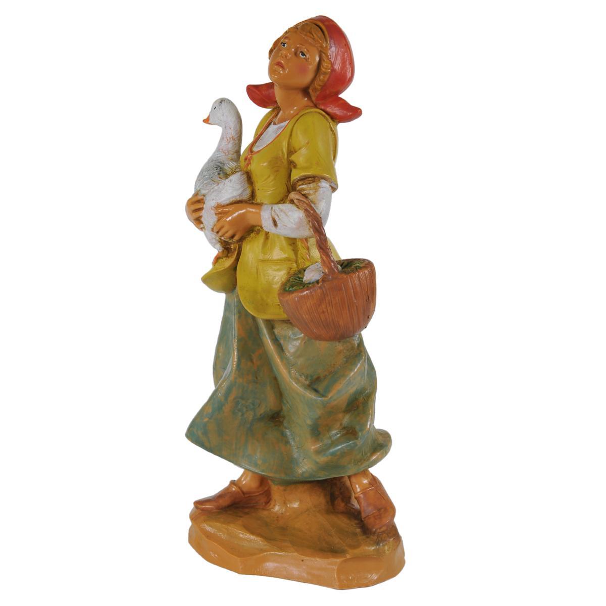 Statua presepe 19 cm pastorella con oca e cesta di uova