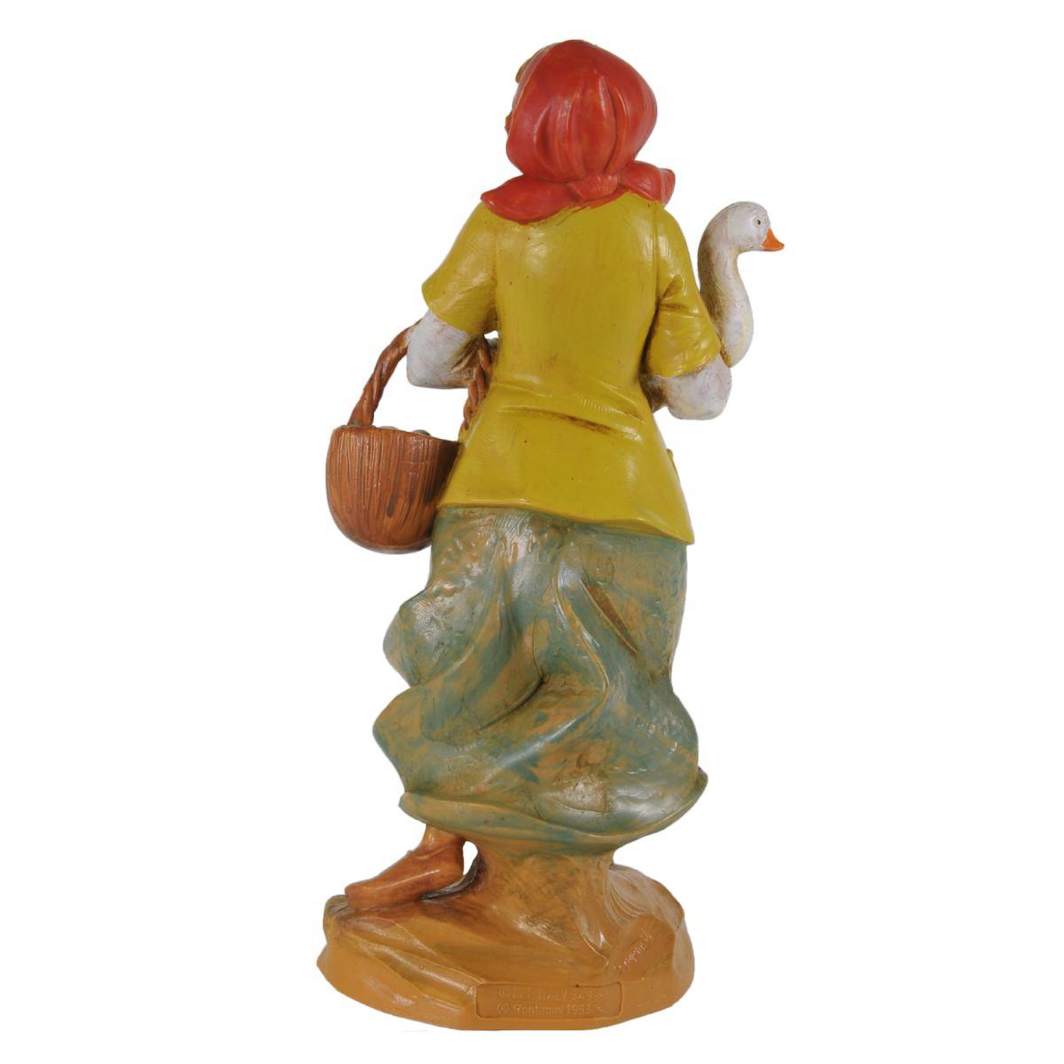 Statua presepe 19 cm pastorella con oca e cesta di uova