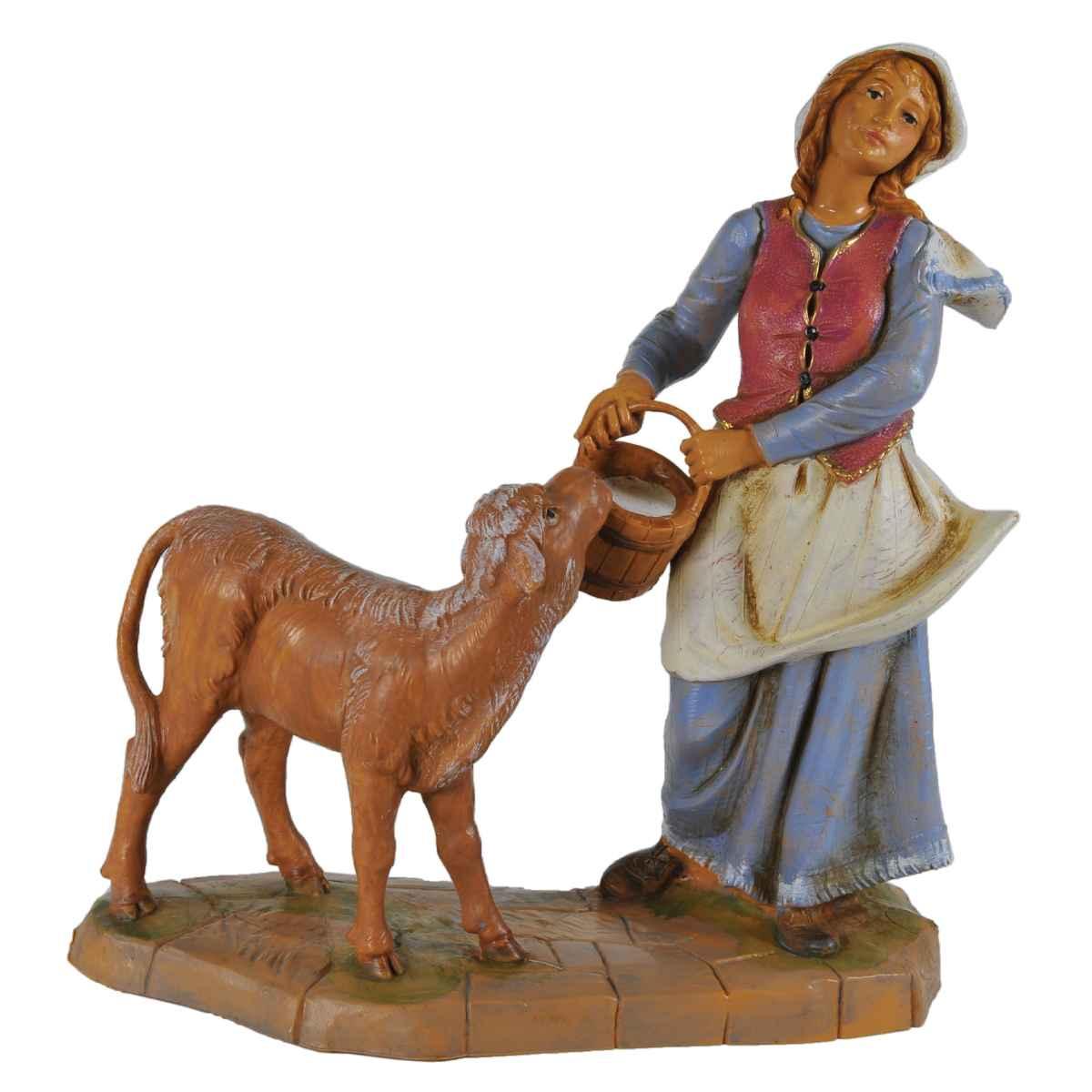 Statua cm.19 Pastorella con Vitello | Fontanini