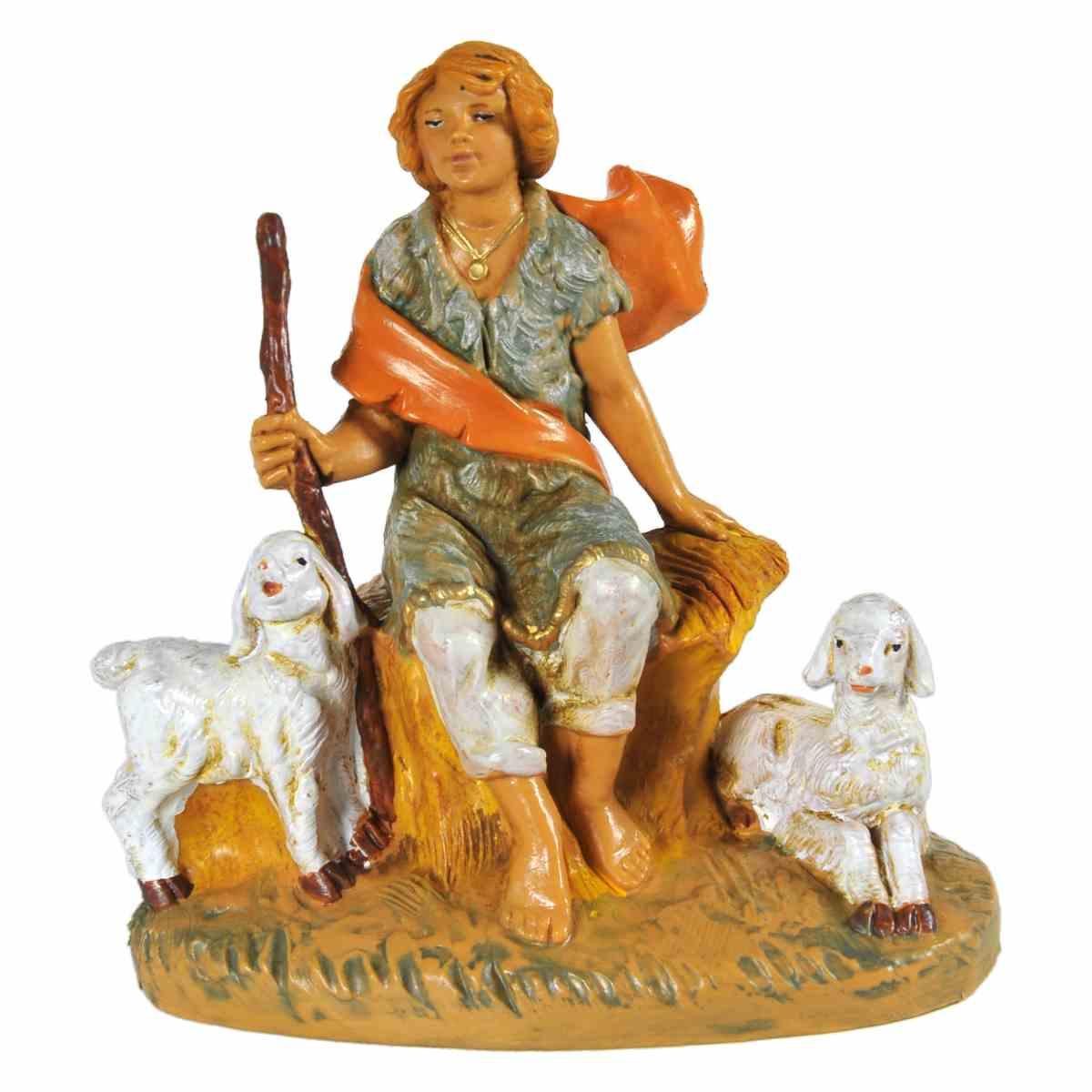 Statua presepe 12 cm pastore seduto con pecore e bastone