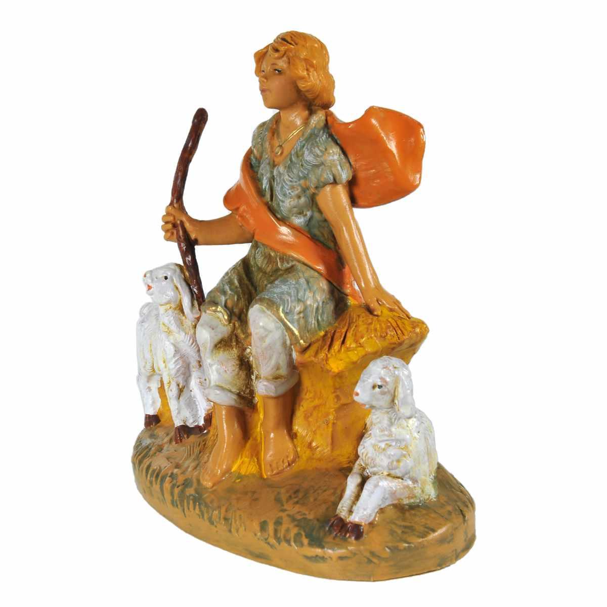 Statua presepe 12 cm pastore seduto con pecore e bastone