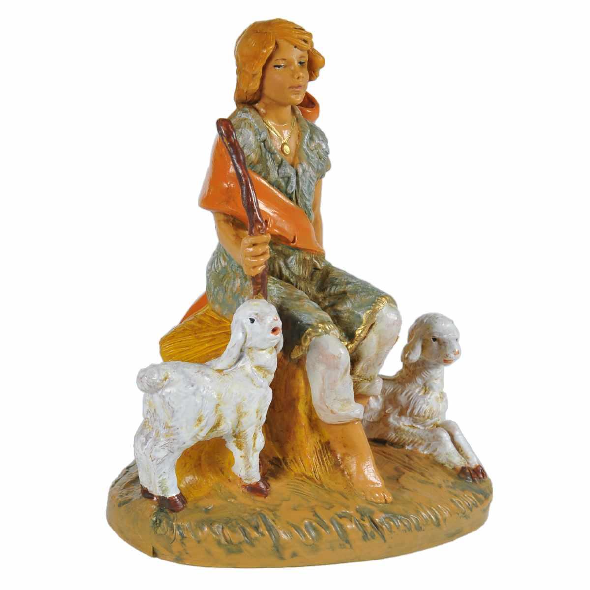 Statua presepe 12 cm pastore seduto con pecore e bastone