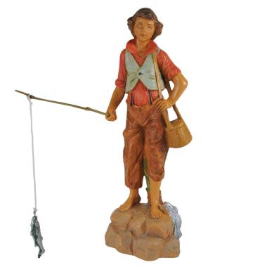 Statua Fontanini cm.19 Pescatore con Canna e Cestino