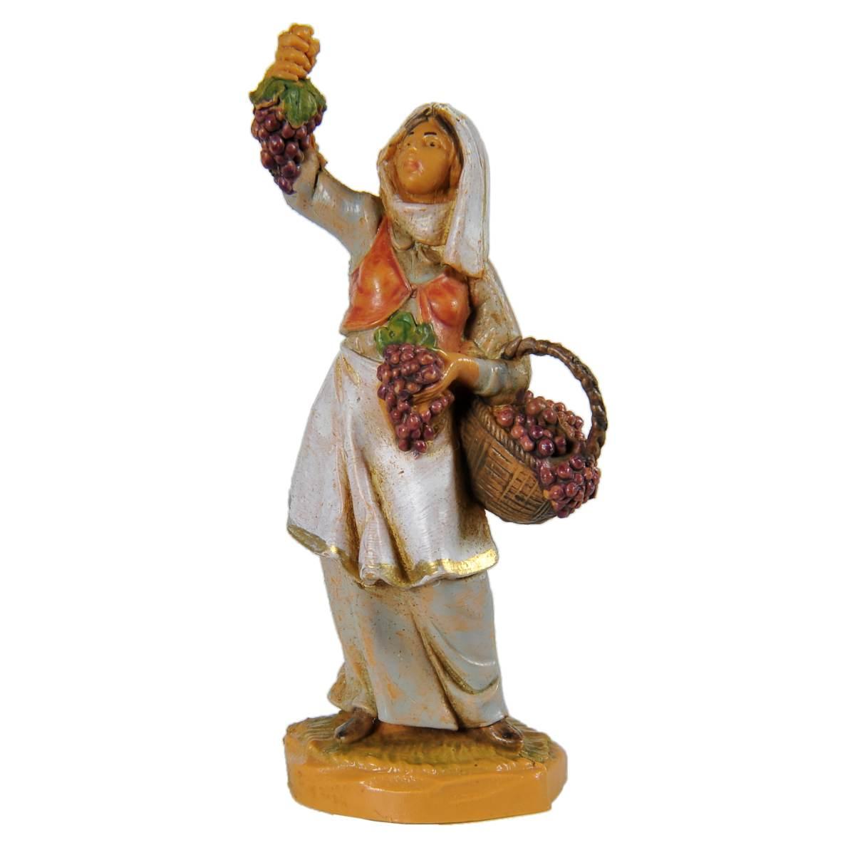 Statua presepe 6.5 cm pastorella con cesto e uva