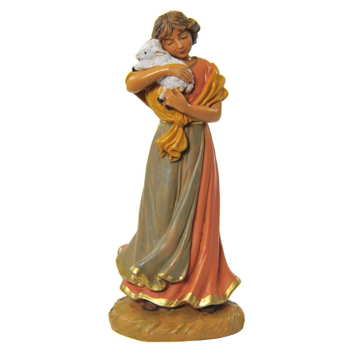 Statua presepe 12 cm pastorella con agnello in braccio