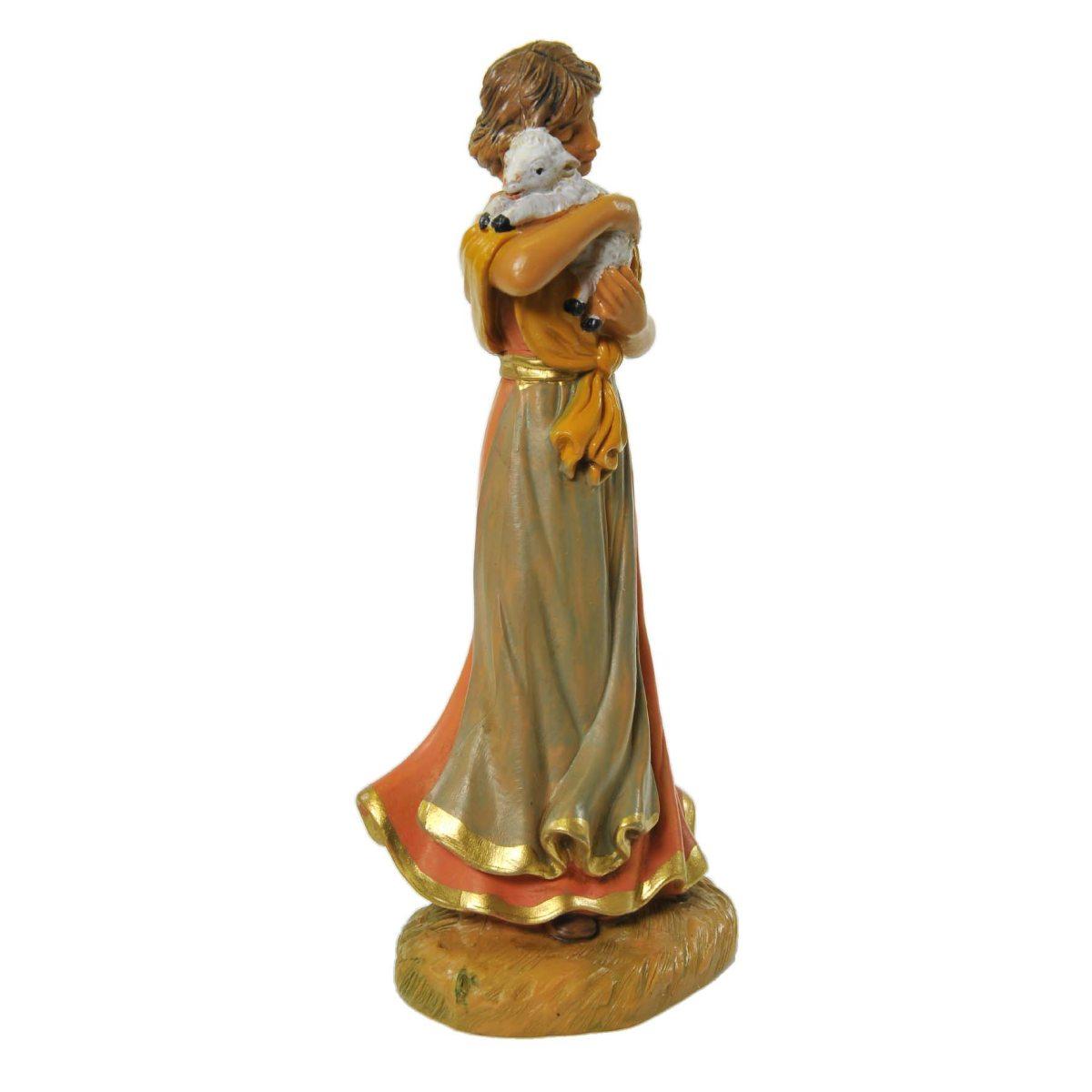 Statua presepe 12 cm pastorella con agnello in braccio