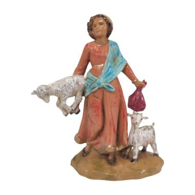 Statua Fontanini cm.12 Pastorella con sacco e capre