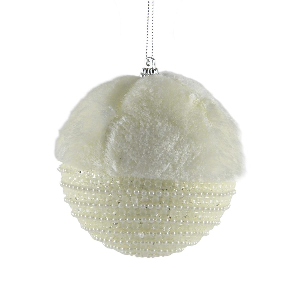 Pallina Natale cm.10 Bianche con Pelliccia e Perline Set pz.4 |Inge's Glass