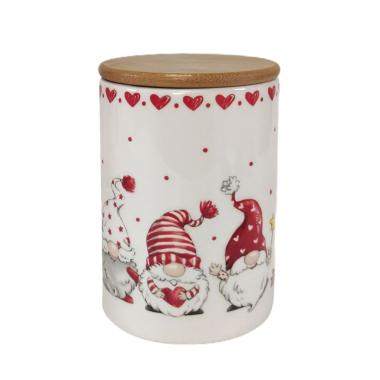 Barattolo Natale Ceramica con Gnomi e Tappo in Legno cm.Ø10xh15