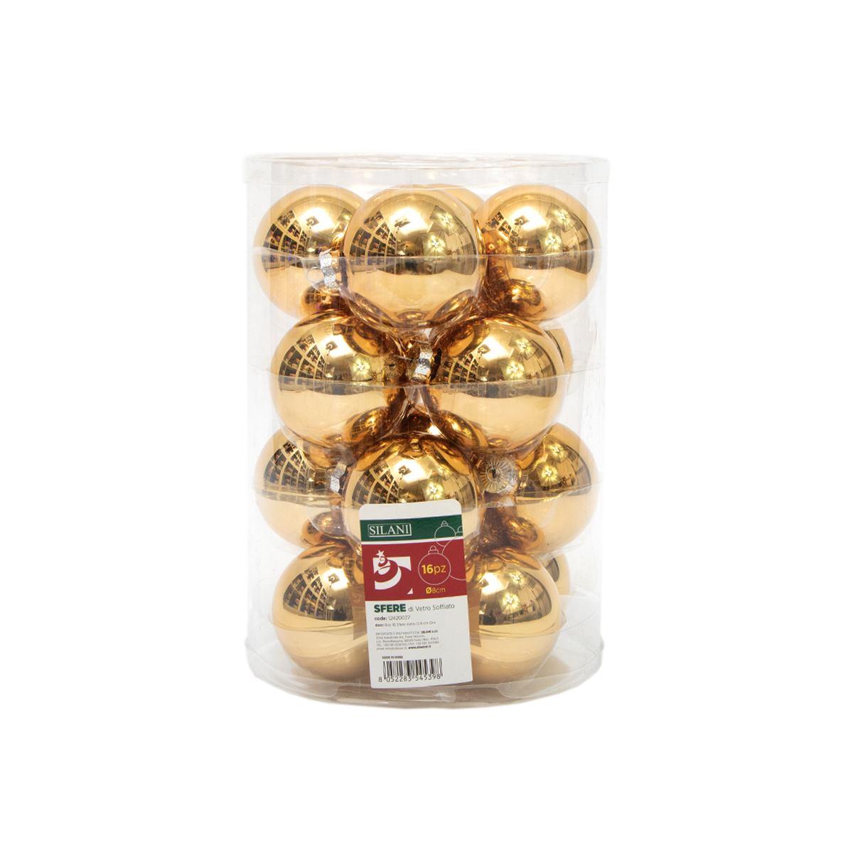 Pallina Natale Vetro cm.8 Oro Lucido Lucide Set pz.16 |Silani