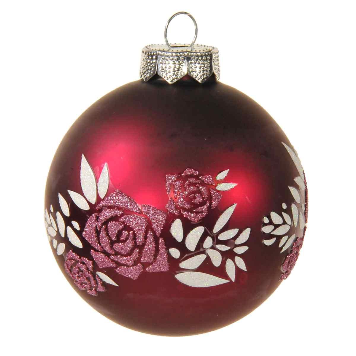 Pallina Natale Vetro cm.8 Rosso Amaranto Opaco con Fiori |Inge's Glass