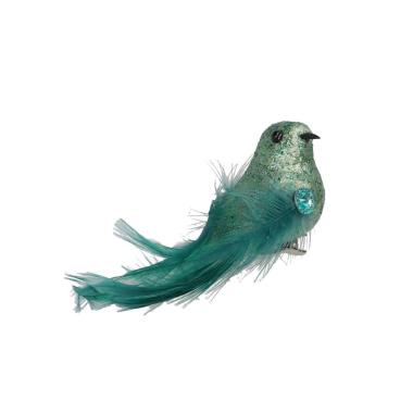 Uccello Piume Verde e Blu Glitter con Clip cm.25