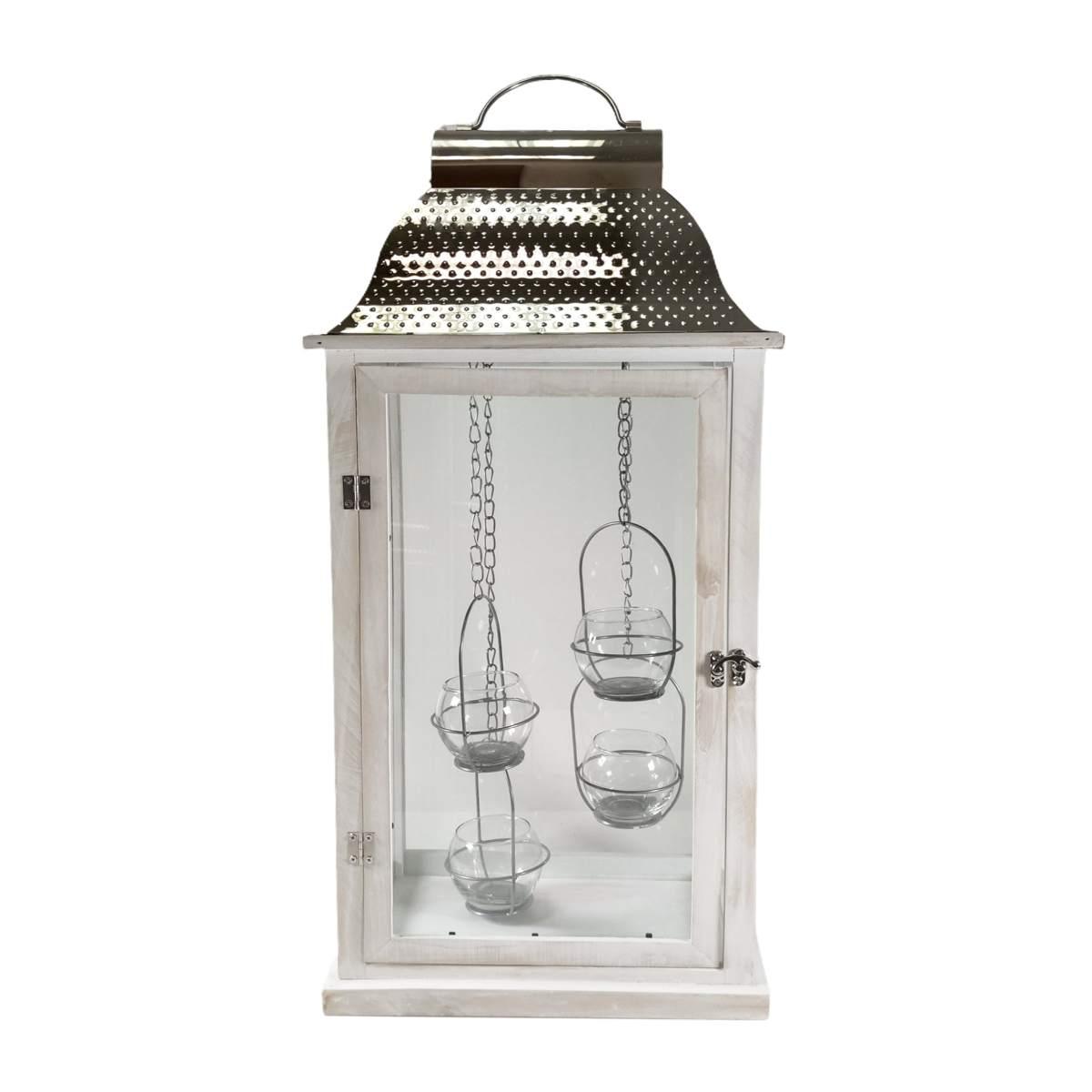 Lanterna Legno Sbiancato con Tetto Metallo e Porta Candele interni cm.30x20x66