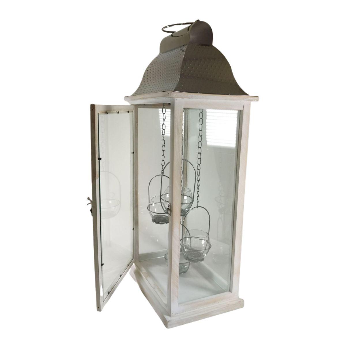 Lanterna Legno Sbiancato con Tetto Metallo e Porta Candele interni cm.30x20x66