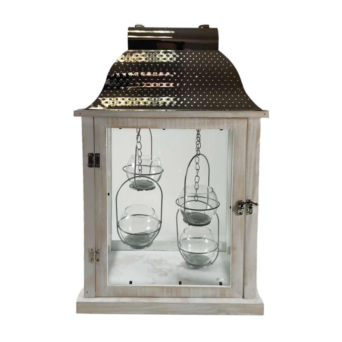 Lanterna Legno Sbiancato con Tetto Metallo e Porta Candele Interni cm.30x20x50