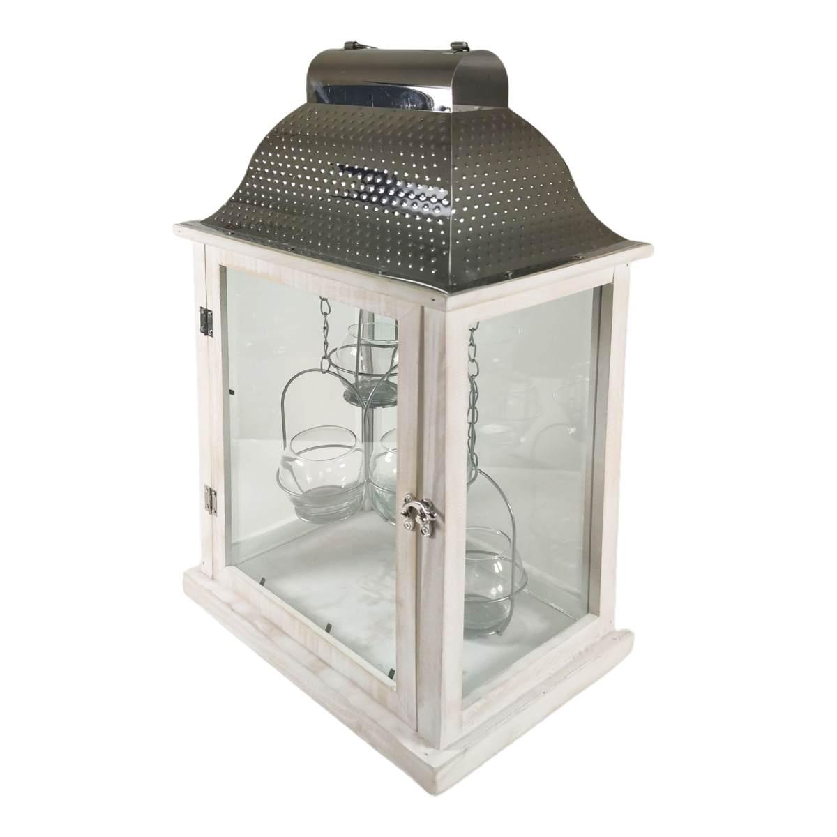 Lanterna Legno Sbiancato con Tetto Metallo e Porta Candele Interni cm.30x20x50