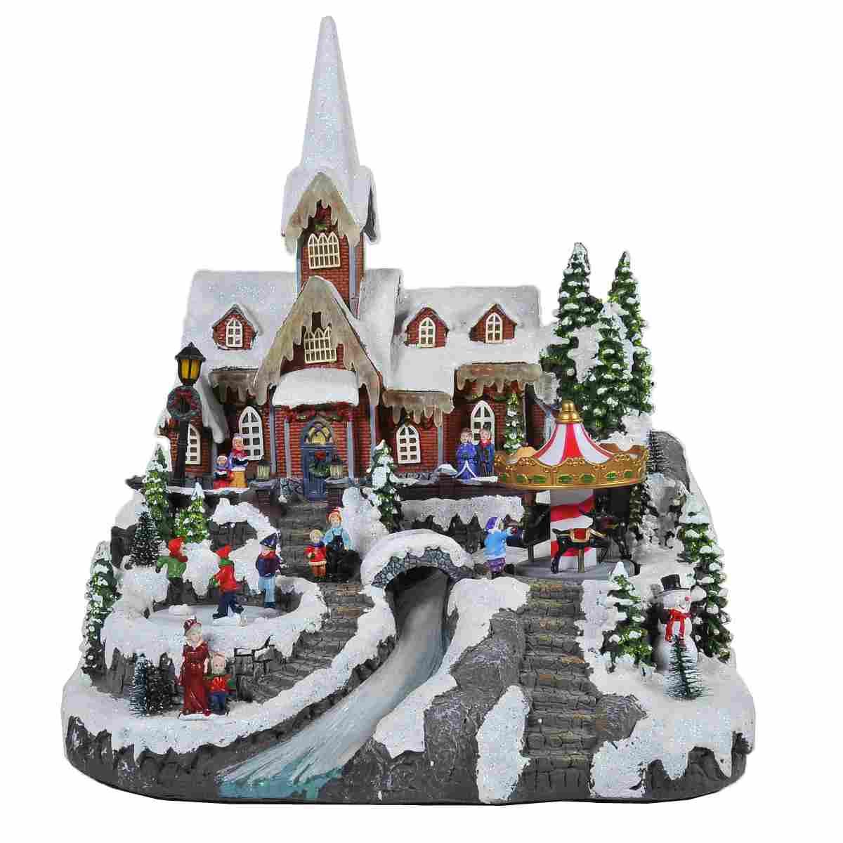 Giostra Natale Borgo con Chiesa Luci Suoni e Movimento cm.38