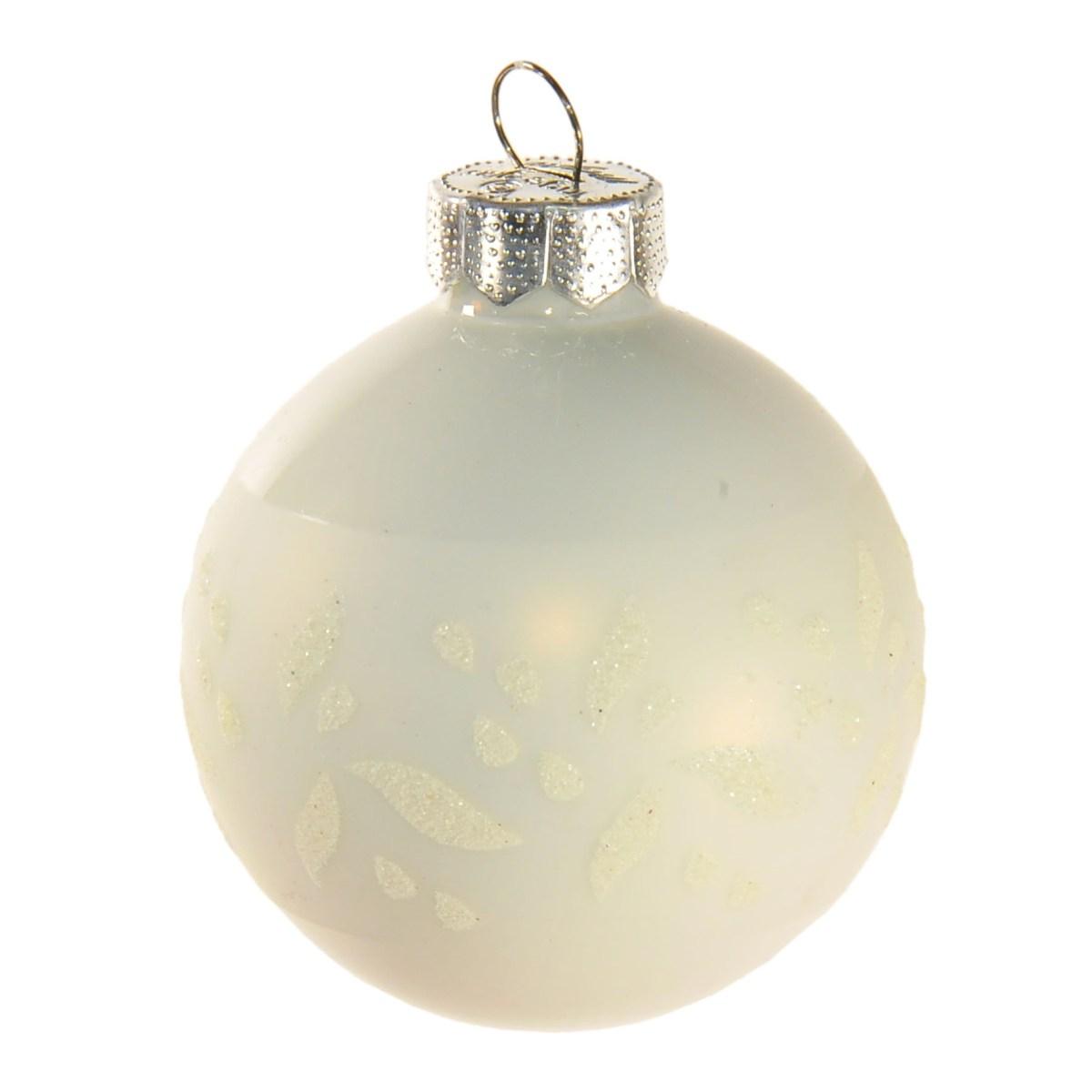 Pallina Natale Vetro cm.6 Bianco Opaco con Fiori Glitter |Inge's Glass