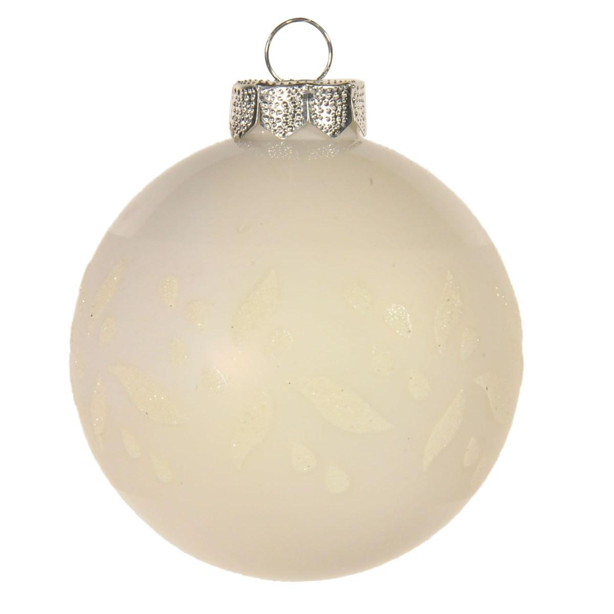 Pallina Natale Vetro cm.8 Bianco Opaco con Fiori Glitter |Inge's Glass