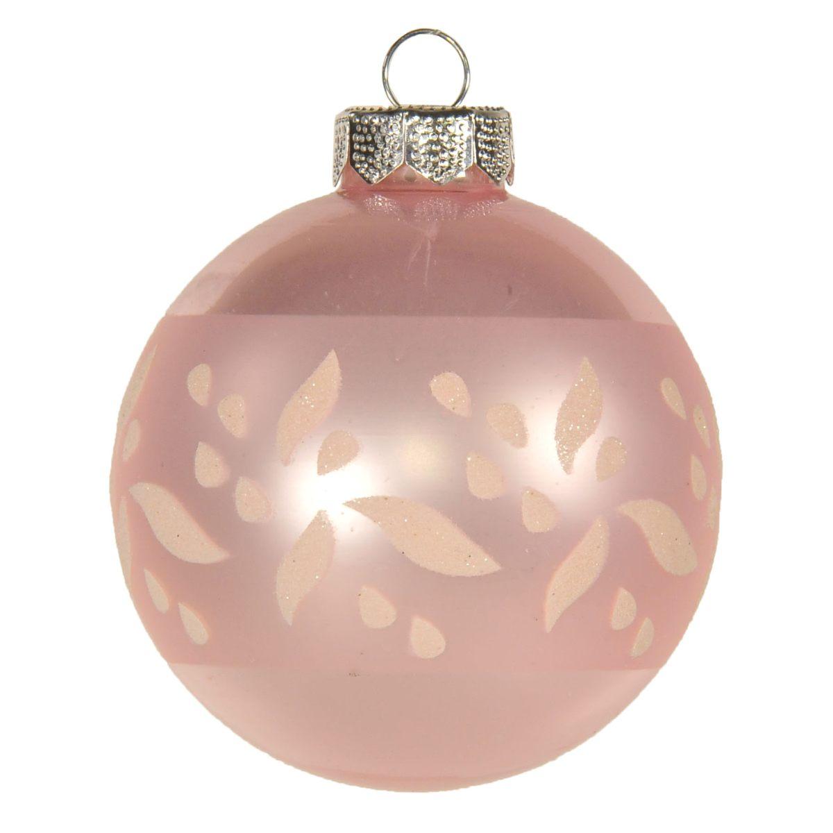 Pallina Natale Vetro cm.8 Rosa Lucido con Fiori Glitter |Inge's Glass