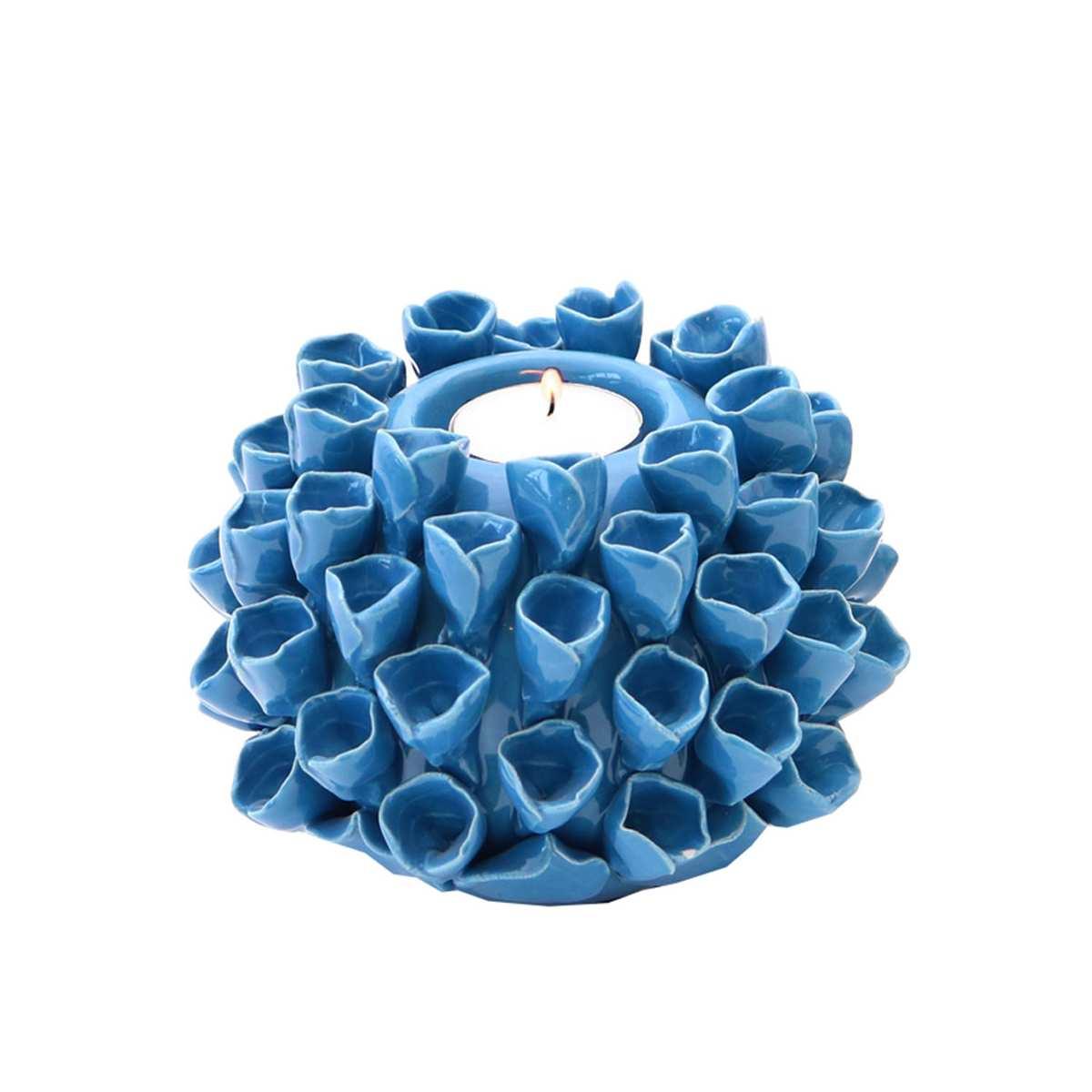 Porta Candela Ceramica Fiore di Mare Blu cm.Ø14x11