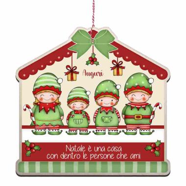 Targa Legno Natale "Auguri" con Famiglia 4 Elfi cm.25x24