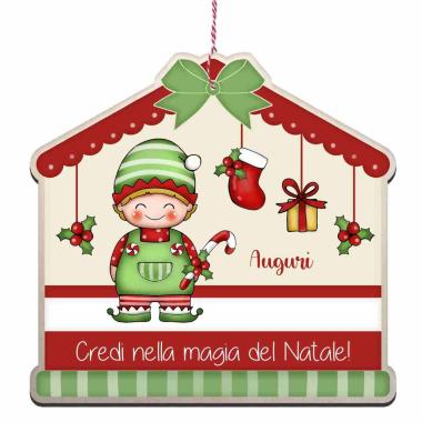 Targa Legno Natale "Auguri" con Elfo cm.25x24